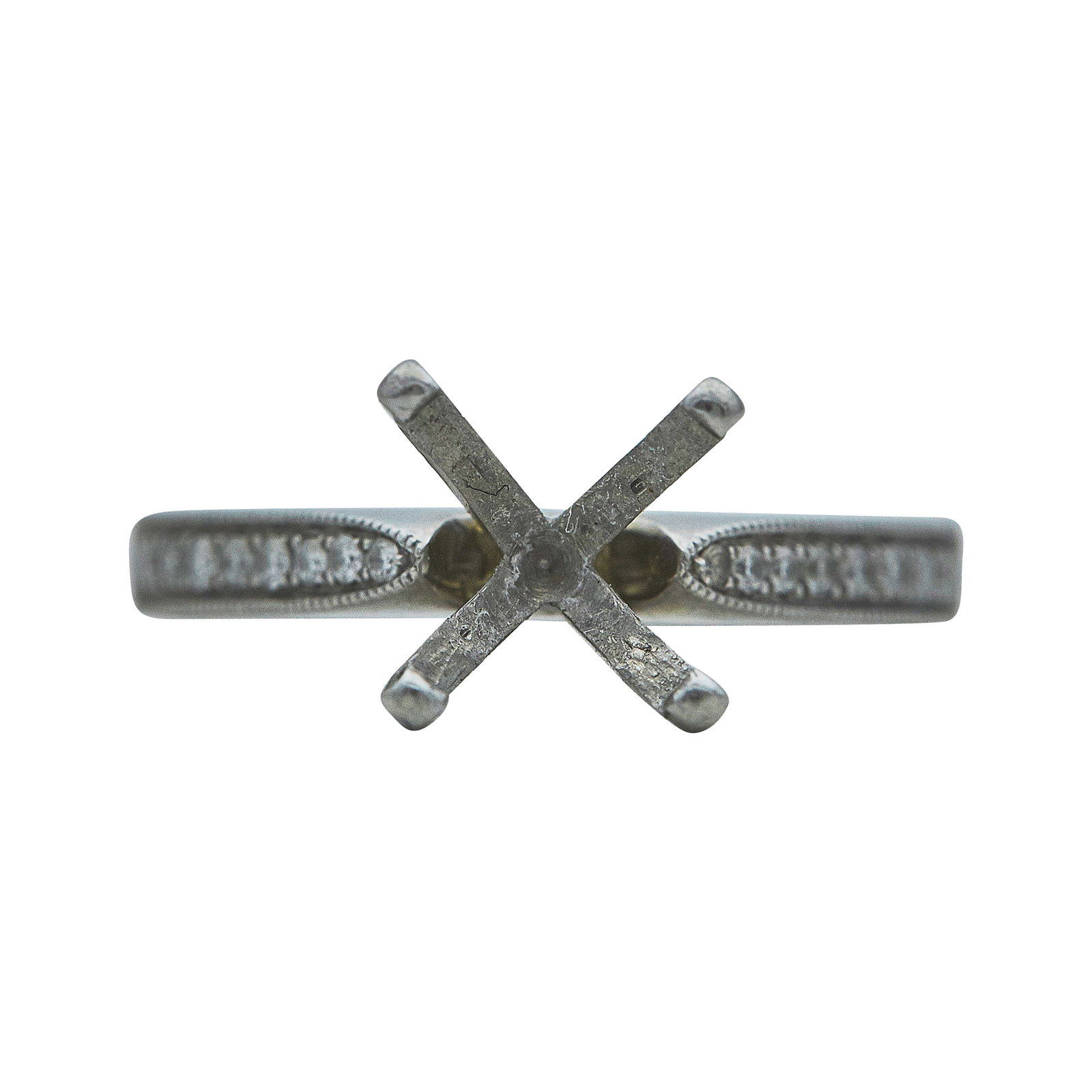 Platinum Diamond Engagement Ring Setting: METAL: Platinum; APPROXIMATE TOTAL DIAMOND WEIGHT: 0.15 ctw; STAMPED: Divine, PT950; CONDITION: Pre-owned, Good; ITEM WEIGHT (GRAMS): 4.93 g; MEASUREMENTS: Ring size 3 3/4; center fits approx. 8.25mm 