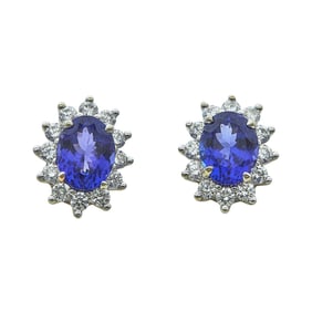 14K White Gold Oval-Cut Tanzanite and Diamond Cluster Earrings