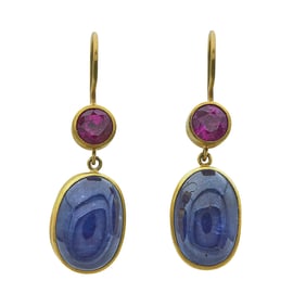 Mallary Marks 22K Yellow Gold Sapphire Cabochon and Pink Sapphire Drop Earrings with 18K Yellow Gold
