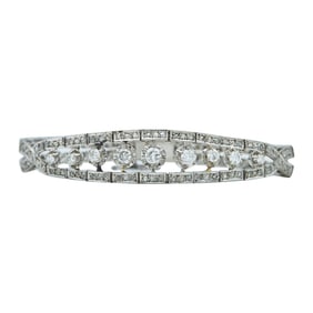 Vintage 18K White Gold Round and Rose-Cut Diamond Bracelet of Tapered Design