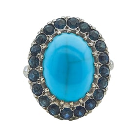 14K White Gold Turquoise and Sapphire Halo Ring