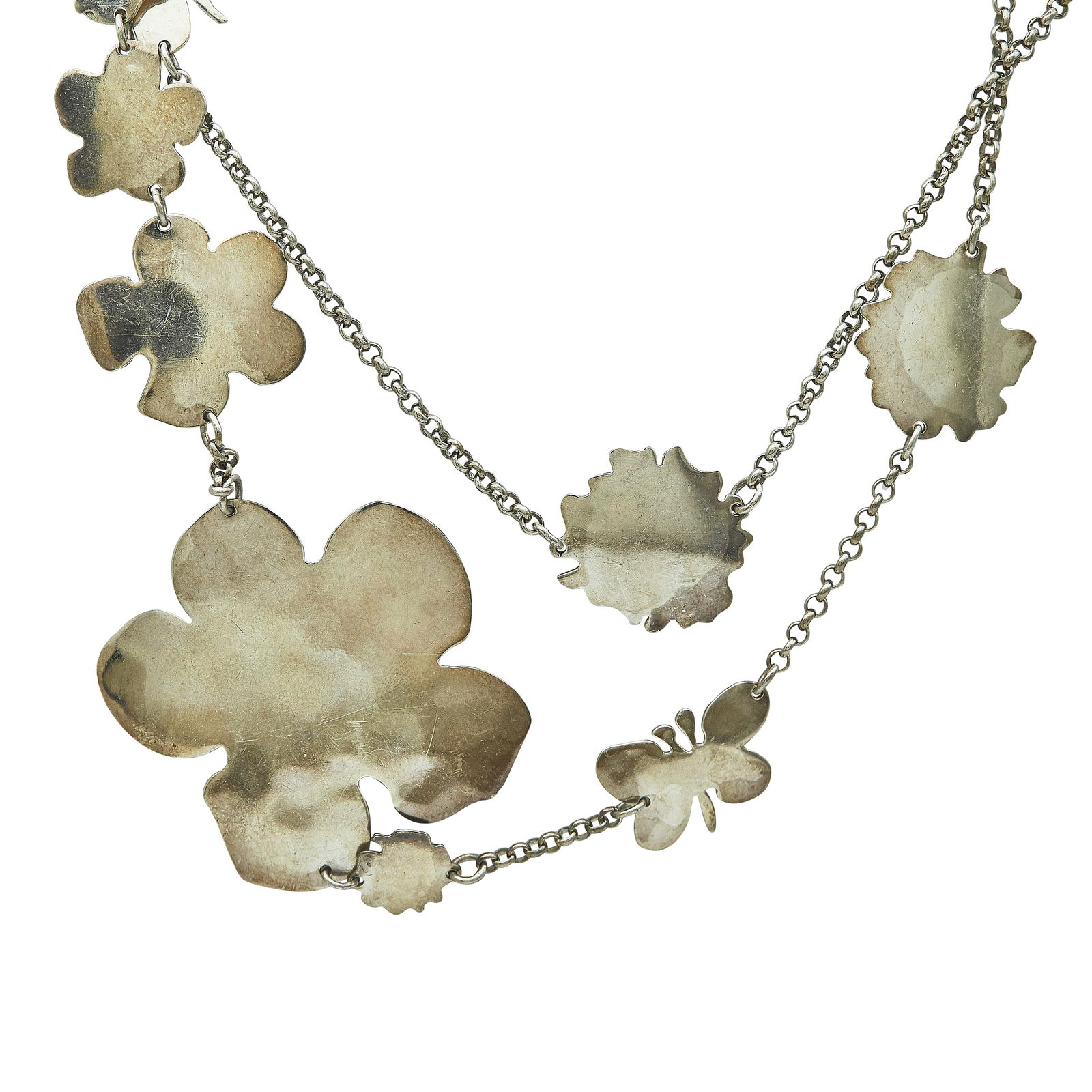 Robert Lee Morris Andy Warhol Sterling Silver Butterfly and Flower Station Necklace: BRAND: Robert Lee Morris; METAL: Sterling Silver; STAMPED: TM The Andy Warhol Foundation, 925, Robert Lee Morris, Maker's mark, Andy Warhol; CONDITION: Pre-owned, Good; ITEM WEIGHT (GRAMS): 86.15 g; M