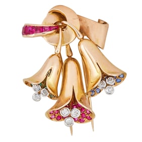 Retro 18K Yellow Gold and Platinum, Synthetic Ruby, Emerald, Sapphire, and Diamond Flower Ribbon