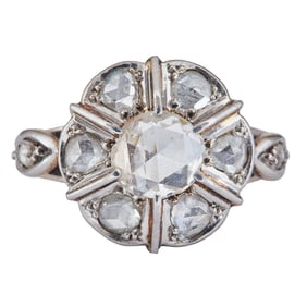 Vintage 18K White Gold, Platinum, and Rose Cut Diamond Cluster Ring