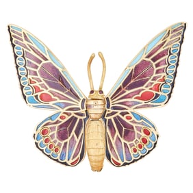 18K Yellow Gold Plique-à-Jour Enamel and Ruby Articulated Butterfly Brooch