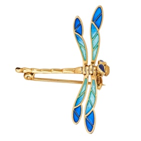 18K Yellow Gold Blue and Green Plique-à-Jour Enamel Dragonfly Brooch