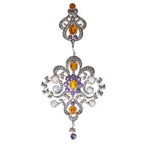 Silver Topped 14K Yellow Gold Amethyst, Citrine, Quartz, and Rose Cut Diamond Openwork Floral