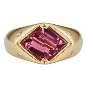 18K Yellow Gold Kite Shaped Fantasy Cut Pink Tourmaline and Diamond Ring