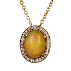 14K Yellow Gold Opal and Diamond Oval Pendant Necklace