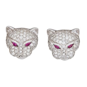 18K White Gold Diamond and Ruby Panther Stud Earrings