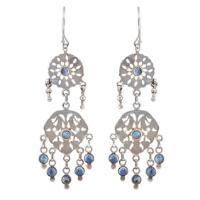 Silver and Labrodorite Openwork Tiered Pendant Earrings
