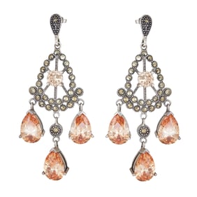 Silver Cubic Zirconia and Marcasite Chandelier Pendant Earrings