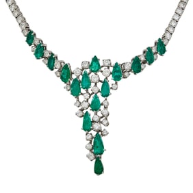 Vintage 18K White Gold Round Brilliant Cut Diamond and Pear Cut Emerald Necklace