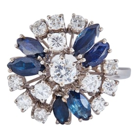18K White Gold Round Brilliant Cut Diamond and Marquise Cut Sapphire Cluster Cocktail Ring