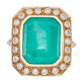 14K Yellow Gold Emerald Cut Emerald and Round Brilliant Cut Diamond Cocktail Ring