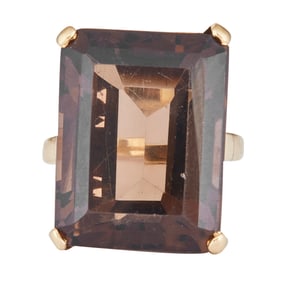 Vintage 18K Yellow Gold and Step Cut Smoky Quartz Cocktail Ring