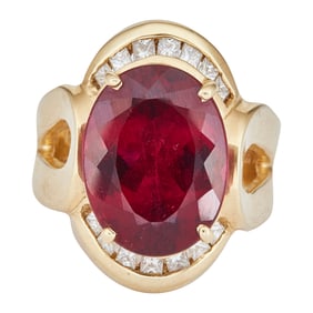 14K Yellow Gold Oval Cut Rubellite Tourmaline and Diamond Cocktail Ring