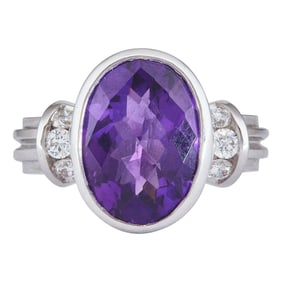 14K White Gold Amethyst and Diamond Ring with an Openwork Mounting and Reeded Shank