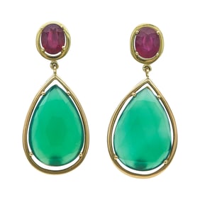 Tous 18K Yellow Gold Glass Filled Ruby and Chrysoprase Pear Shaped Drop Earrings