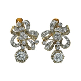 Vintage Platinum Topped 18K Yellow Gold and Diamond Bow Earrings