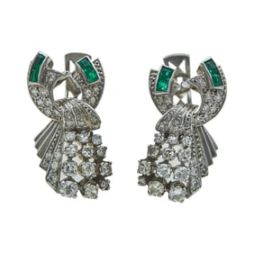 Retro Platinum Diamond and Emerald Bow Earrings