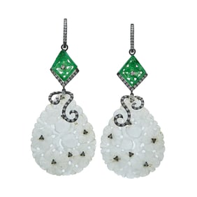 18K Black Gold Carved Green and White Jade and Diamond Pendant Earrings