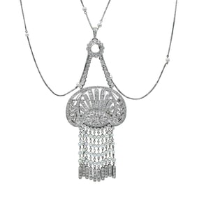 Edwardian Style 18K White Gold Diamond and Seed Pearl Openwork Pendant with Two  14K White Gold and