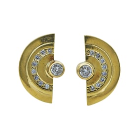 18K Yellow Gold and Diamond Geometric Half-Circle Stud Earrings