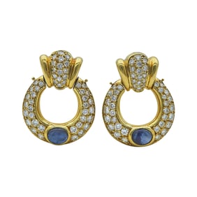 18K Yellow Gold Diamond and Cabochon Sapphire Door Knocker Earrings