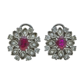 18K White Gold Ruby and Diamond Oval Cluster Earrings