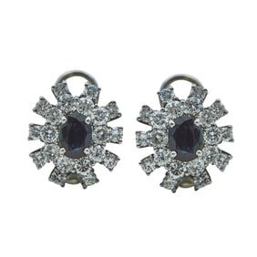18K White Gold Oval Cut Sapphire and  Diamond Cluster Earrings