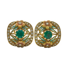 Masriera 18K Yellow Gold Enameled Flower, Emerald, and Diamond Earrings
