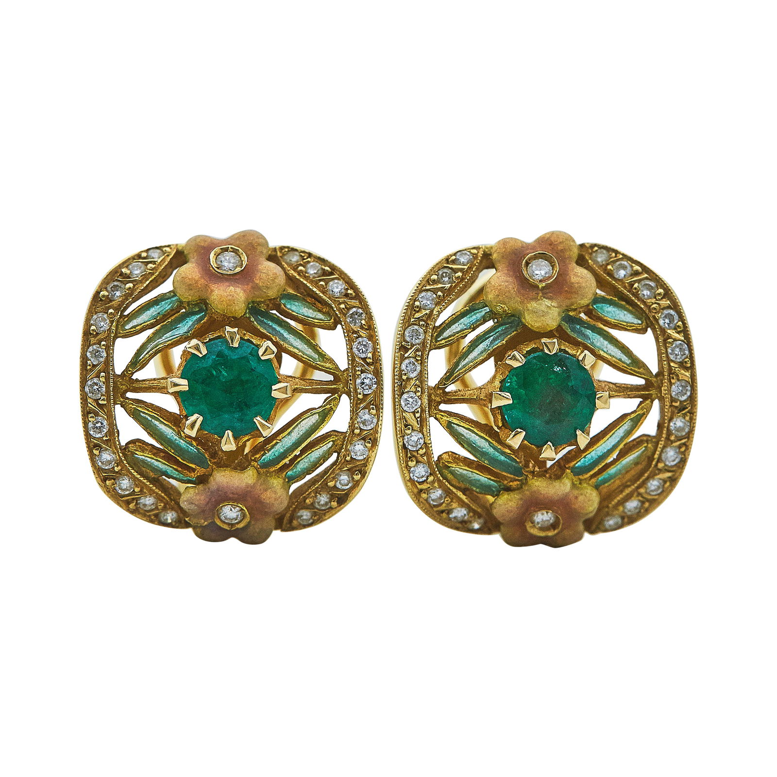 Masriera 18K Yellow Gold Enameled Flower, Emerald, and Diamond Earrings (1 of 6)