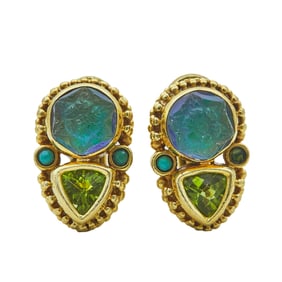 Stephen Dweck 18K Yellow Gold Peridot, Carved Quartz, and Turquoise Clip Earrings