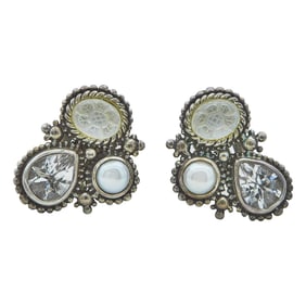 Stephen Dweck Sterling Silver, Quartz, and Pearl Textured Earrings