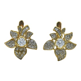 14K Yellow Gold and Diamond Flower Earrings