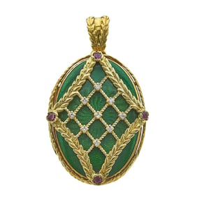 18K Yellow Gold, Ruby, Diamond, and Green  Guilloché Enamel Locket