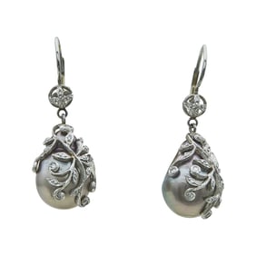 14K White Gold Baroque Tahitian Pearl and Floral Diamond Basket Drop Earrings