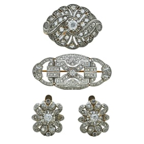 Platinum Topped 18K Rose Gold Old Mine Cut and Rose Cut Diamond Ring, Earrings, and Brooch Pin Suite