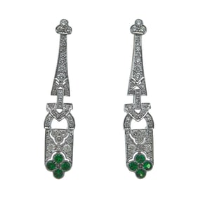 Art Deco Style 18K White Gold Diamond and Tsavorite Garnet Pendant Earrings