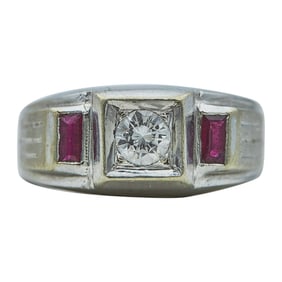14K White Gold, Diamond, and Synthetic Ruby Ring