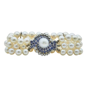 14K White Gold Cultured Pearl, Sapphire, and Diamond Bracelet