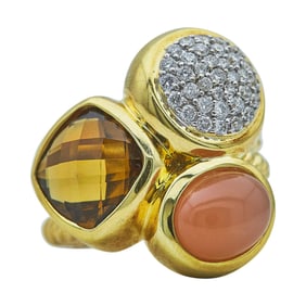 David Yurman 18K Yellow Gold Citrine, Peach Moonstone, and Diamond Cocktail Ring