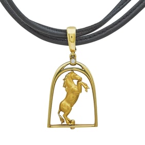Carrera Y Carrera 18K Yellow Gold, Leather, and Diamond Horseshoe and Spinning Horse Pendant