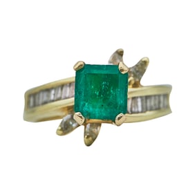 14K Yellow Gold Square Step Cut Emerald and Diamond Ring