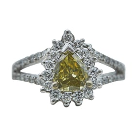 14K White Gold Pear Cut Yellow Diamond and Colorless Diamond Cluster Ring