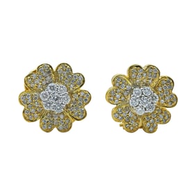 18K Yellow Gold, White Gold, and Diamond Flower Earrings