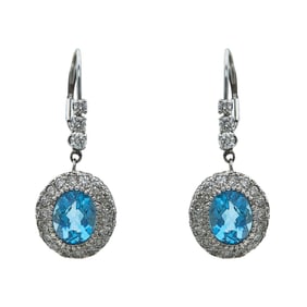 14K White Gold Blue Topaz and Diamond Cluster Drop Earrings