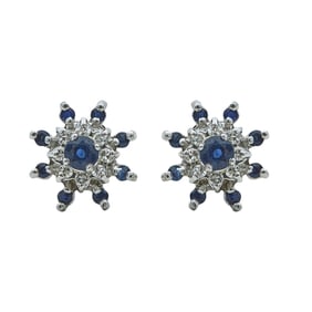 14K White Gold, Diamond, and Sapphire Cluster Earrings