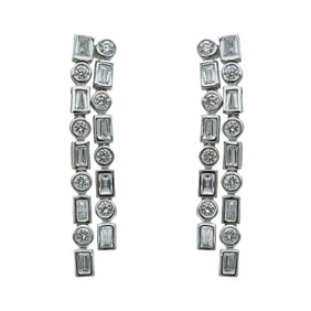 14K White Gold Baguette and Round Brilliant Cut Diamond Swag Earrings
